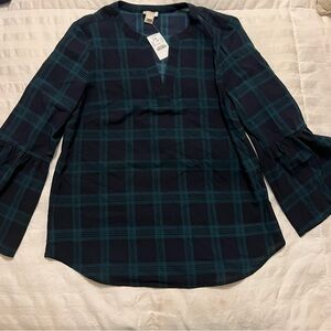 J. Crew Navy Plaid Bell Sleeve Blouse